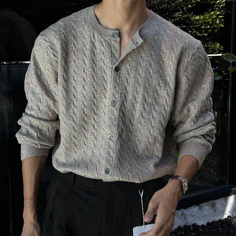 东大门韩国男装代购山羊绒高品质麻花中国领针织衫毛衣开襟衫开衫