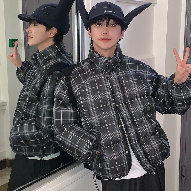 小北韩国代购男装东大门立领棉服外套格纹插肩蓬松保暖休闲夹克