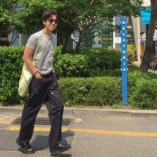 韩国男装代购东大门牛仔裤菊花刺绣阔腿长裤直筒重工水洗百搭高品