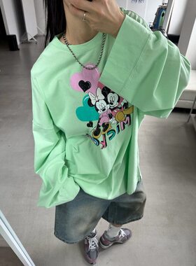 小北韩国代购男装东大门votus落肩阔版卡通爱心米奇长袖T恤春夏