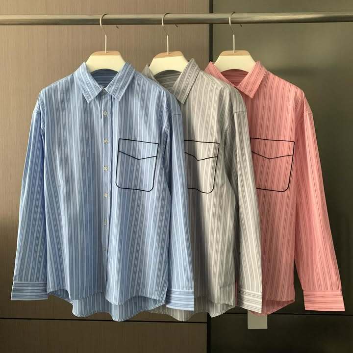小北韩国代购男装东大门衬衫长袖翻领混色条纹假口袋设计休闲衬衣