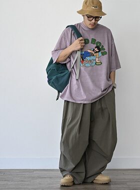 小北韩国代购男装东大门大版型复古恶搞图案紫色水洗短袖T恤夏季