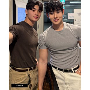 罗纹肌理坑条纹健身弹力修身 小北韩国代购 男装 东大门修身 T恤 短袖