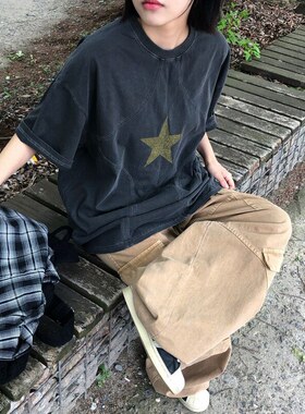 小北韩国代购男装东大门短袖T恤UNUSED LAB五星水洗做旧复古ins风