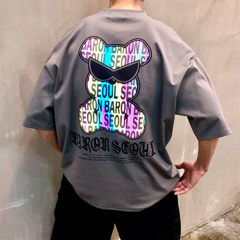 小北韩国代购男装东大门短袖T恤3M反光小熊墨镜图案印花潮酷个性