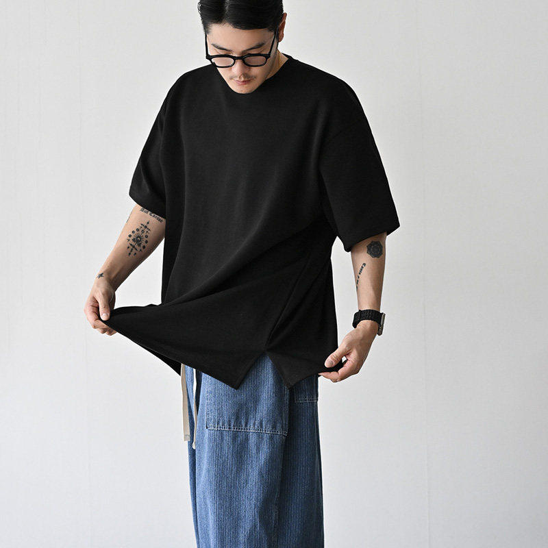 小北韩国代购男装东大门短袖T恤阔版侧开叉圆领大码宽松日常百搭