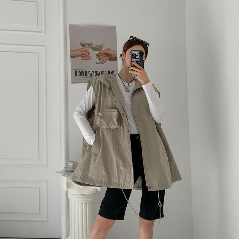 东大门韩国代购男装马甲外套连帽开衫立体口袋设计宽松复古马夹