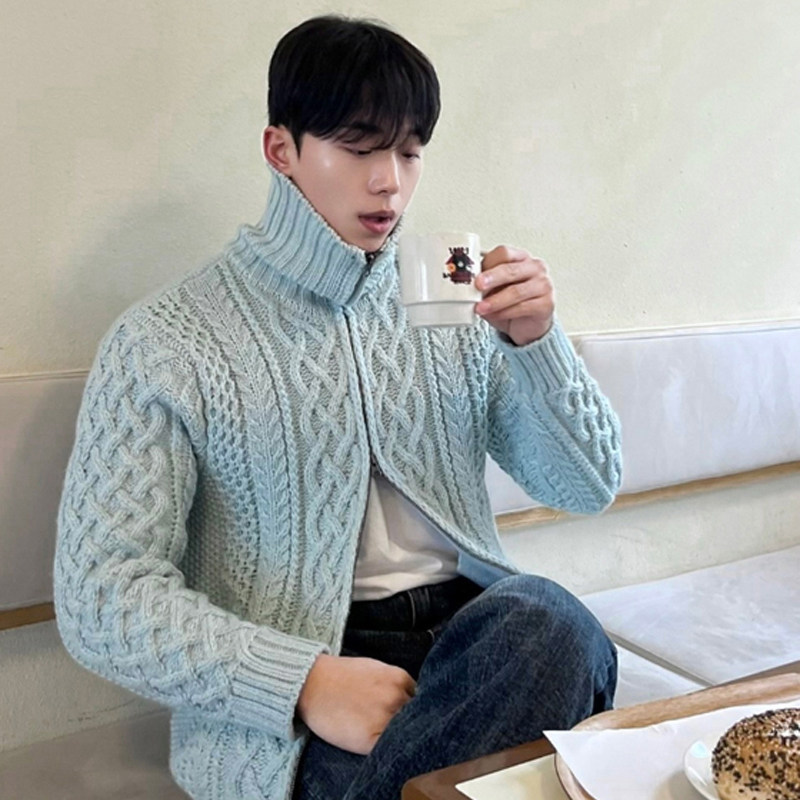 韩国东大门代购男装宽松粗针麻花不规则纹理立领针织衫开襟衫外套