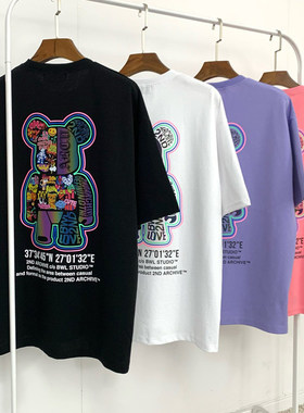 小北韩国代购男装2ND家透气吸汗3M反光涂鸦小熊印花短袖T恤夏季潮