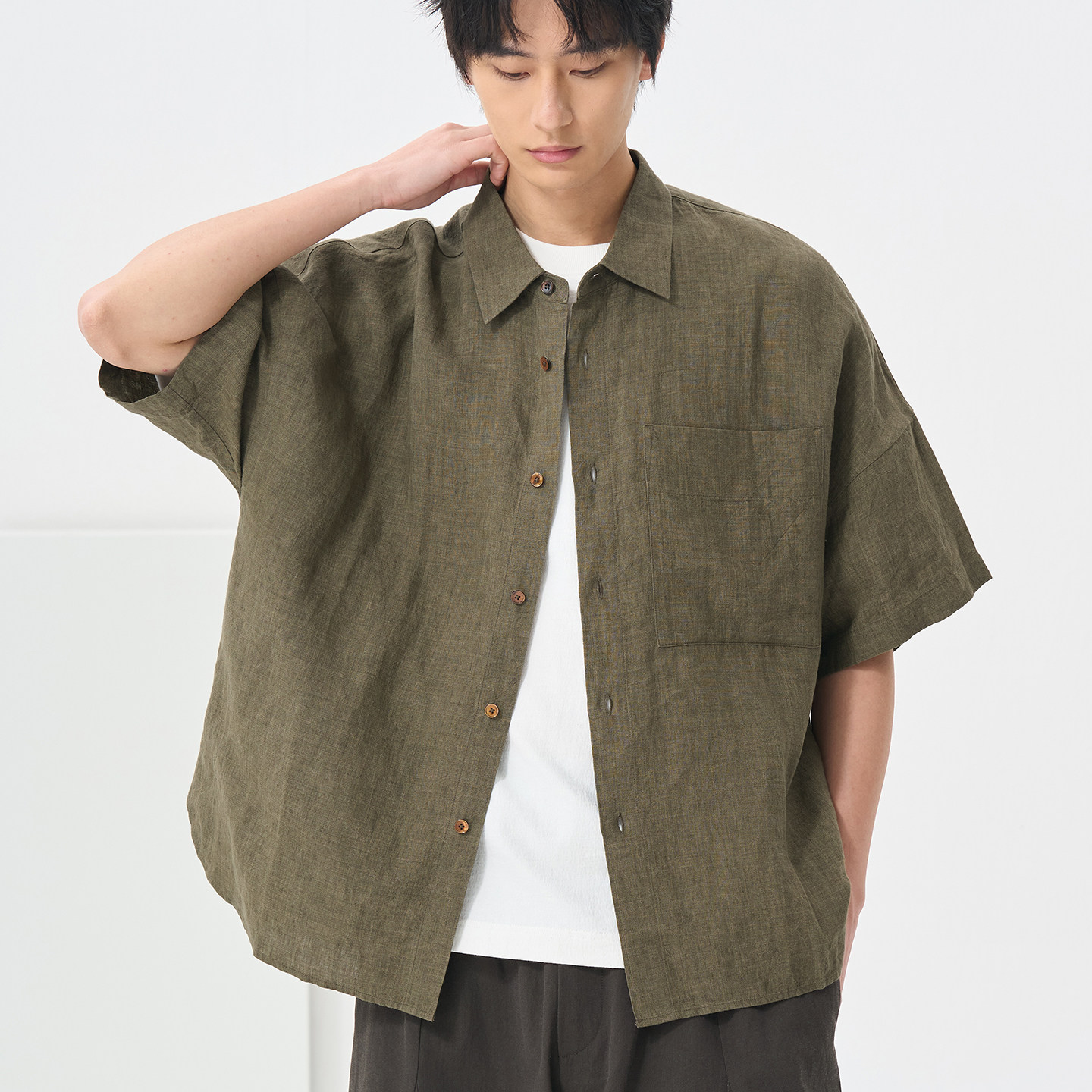 100%亚麻衬衫男短袖翻领宽松休闲大阔型透气衬衣男士松弛感上衣