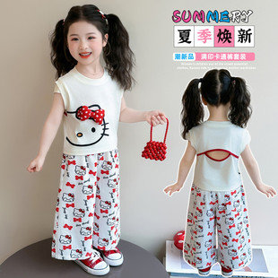 甜美Hello Kitty女童夏季两件套短袖上衣长裤套装2026透气薄款