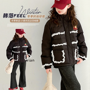 女童黑色羽绒服冬季2025新款甜美初中生90白鸭绒花边短款保暖外套