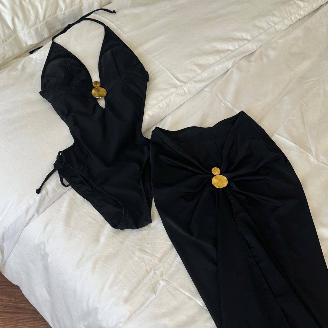 泳衣女连体复古纯欲风遮肉显瘦系带温泉度假泳装微胖女生挖腰黑色