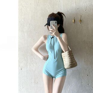 平角拉链保守款 连体泳衣女遮肚显瘦微胖女孩专用泳装 小细腰