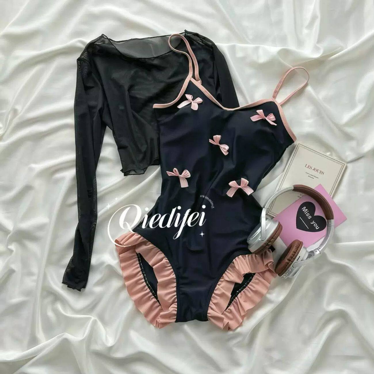 高腰收腹聚拢防走光连体泳衣女大码遮肚显瘦泡温泉日系可爱游泳装