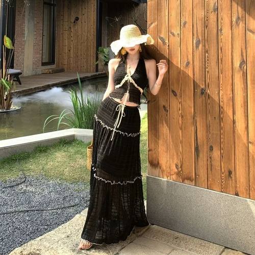 黑色V领挂脖吊带分体长裙泳衣女夏季海边度假风沙滩裙性感纯欲风