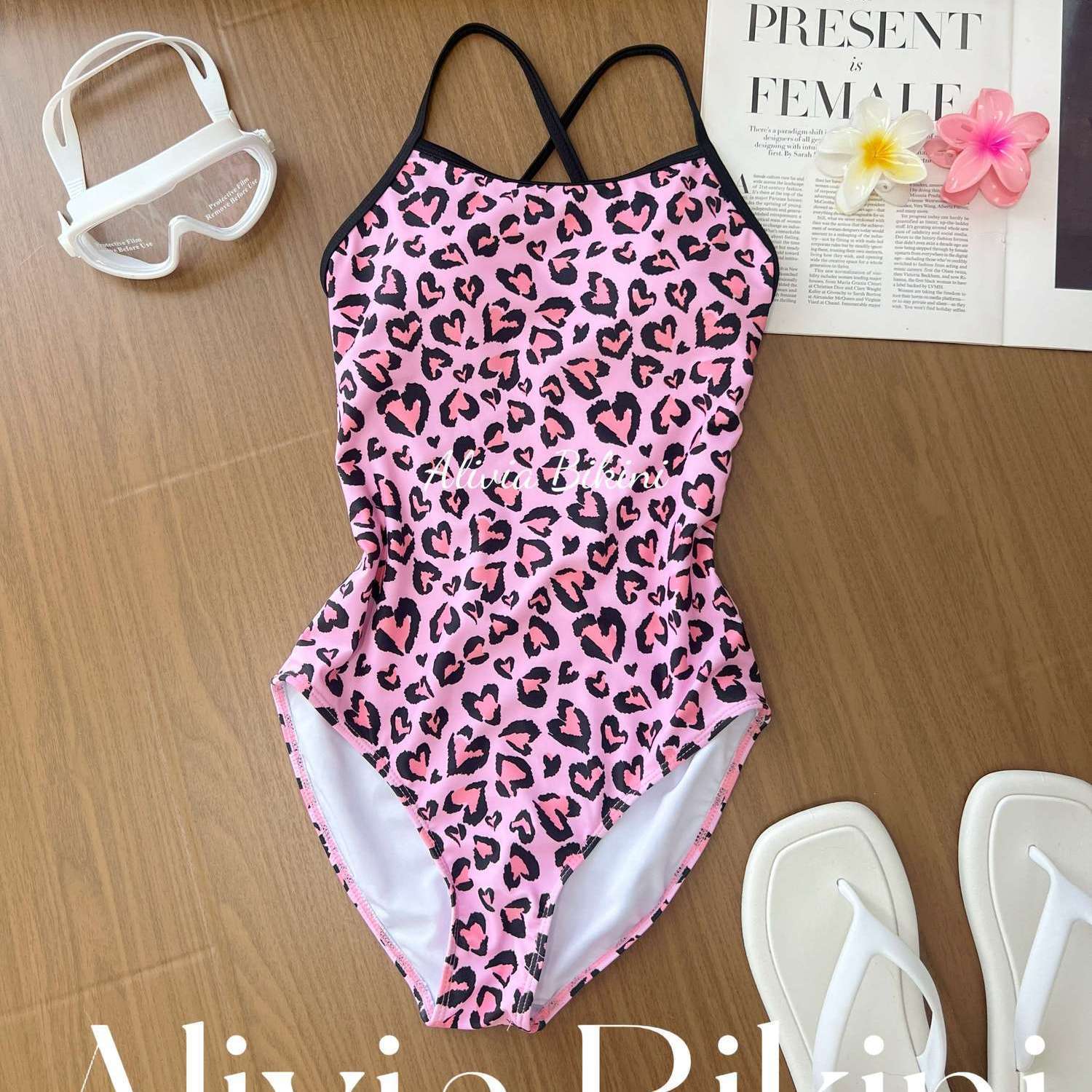 粉色豹纹竞速泳衣连体泳池