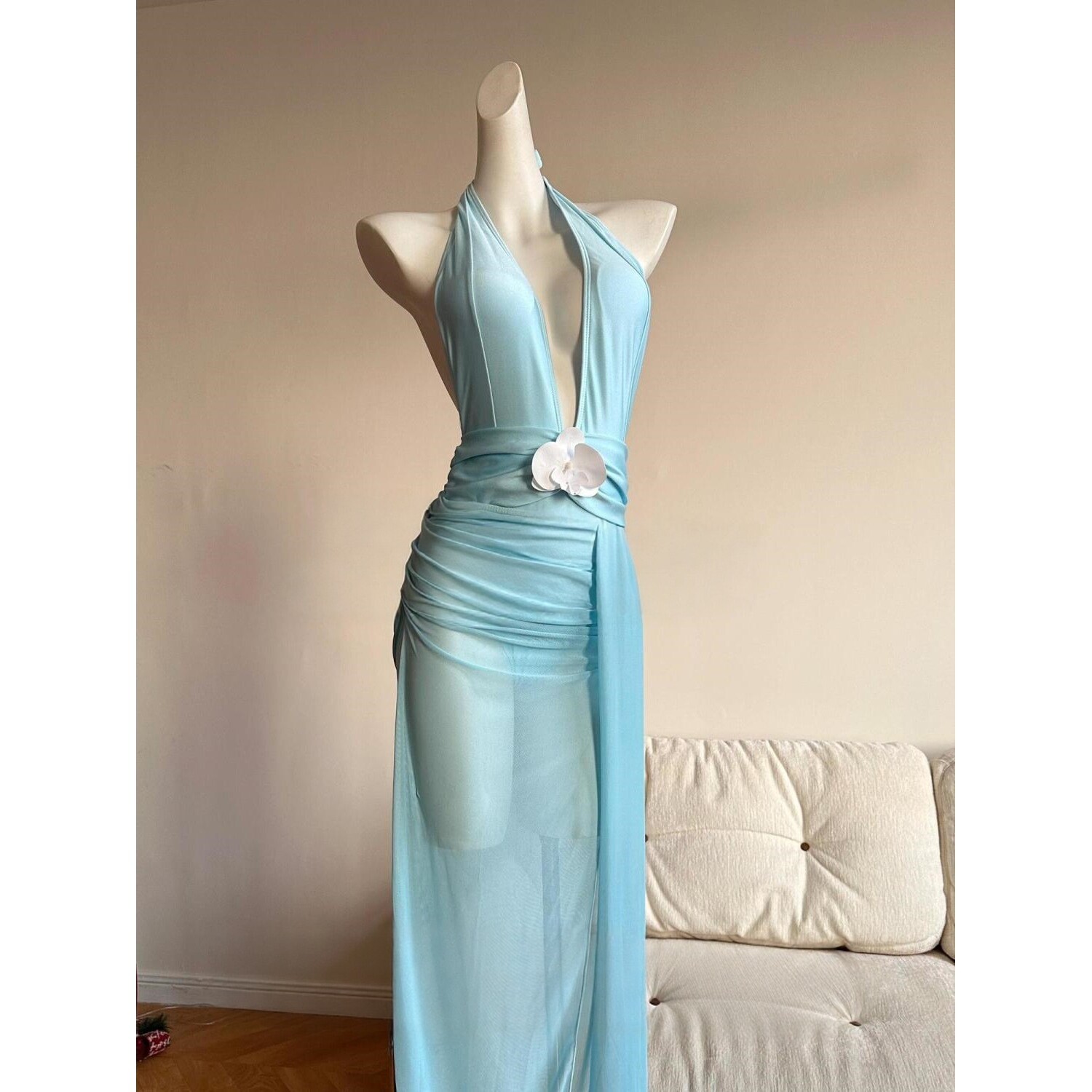 baby蓝开叉显瘦遮肚连体泳衣女长款高级感度假深v泳装深海人鱼姬