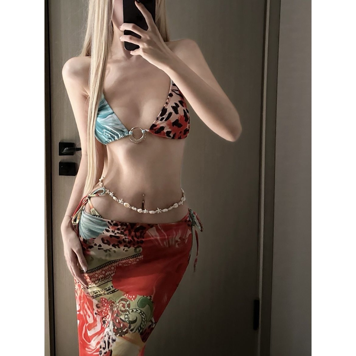 欧美性感比基尼小胸聚拢显大度假沙滩网红防晒分体泳衣长裙豹纹