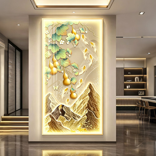 LED带灯现代高级感壁画葫芦入户玄关装饰画九鱼走廊过道客厅挂画