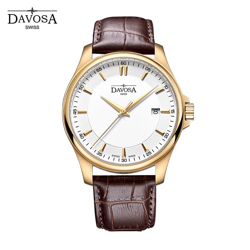 瑞士手表迪沃斯DAVOSA 金色防水腕表 16246715 男士皮带石英手表