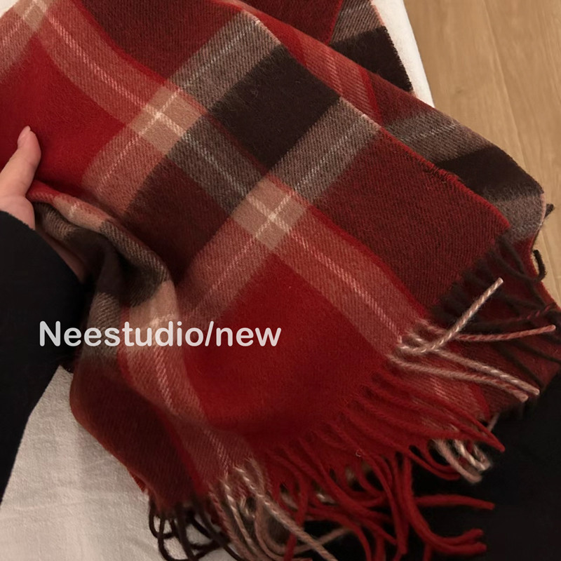 围巾女冬季2025新款羊毛保暖男女红色格子长款百搭流苏披肩围脖