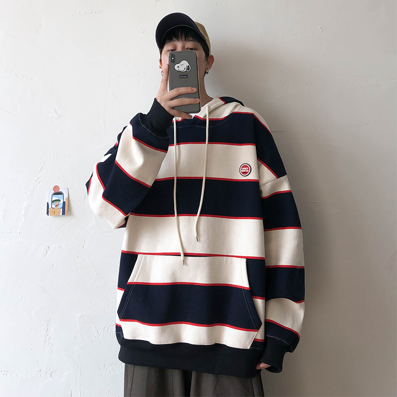 Spring men's loose fitting hooded striped sweater