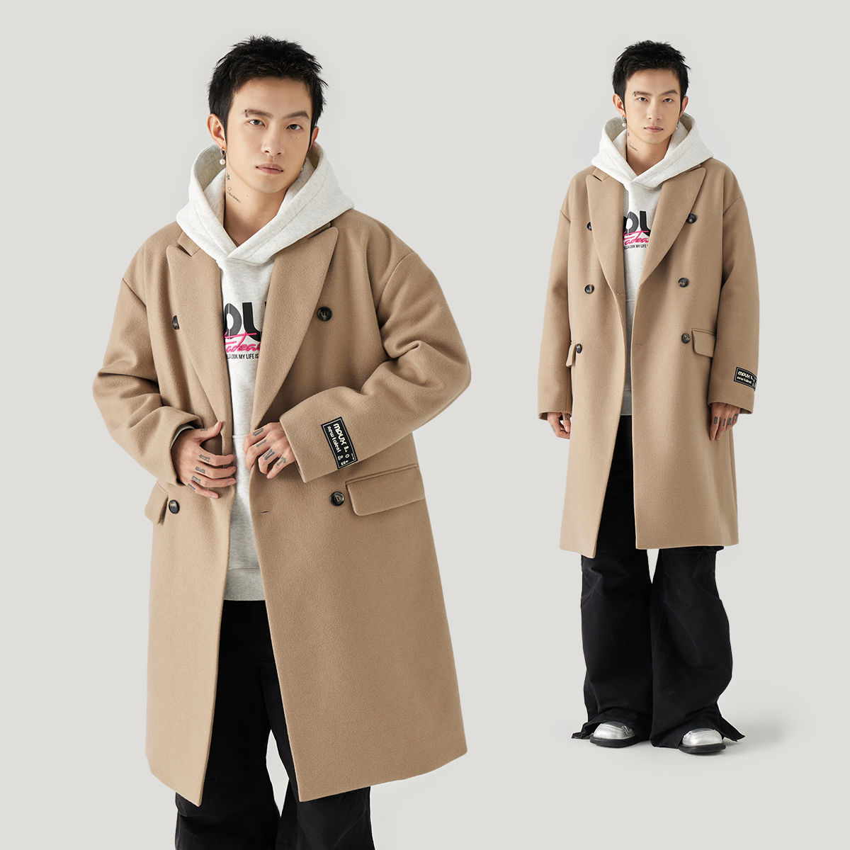 MPUX简约纯色中长款双排扣风衣冬季宽松休闲加厚毛呢大衣情侣款