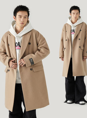MPUX简约纯色中长款双排扣风衣冬季宽松休闲加厚毛呢大衣情侣款