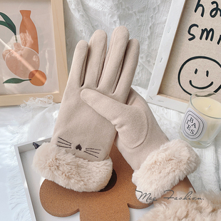 手套冬天女ins韩版 棉手套防寒 可爱加绒保暖防风骑行麂皮绒秋冬季