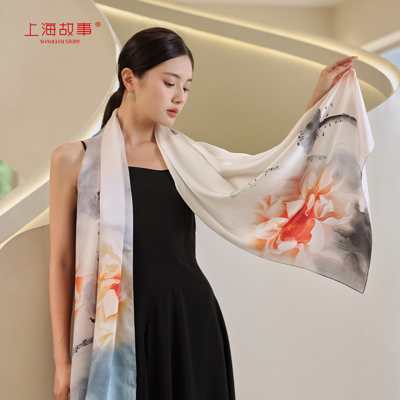 上海故事春秋桑蚕丝真丝长巾披肩女丝巾丝绸礼盒送妈妈送长辈礼物