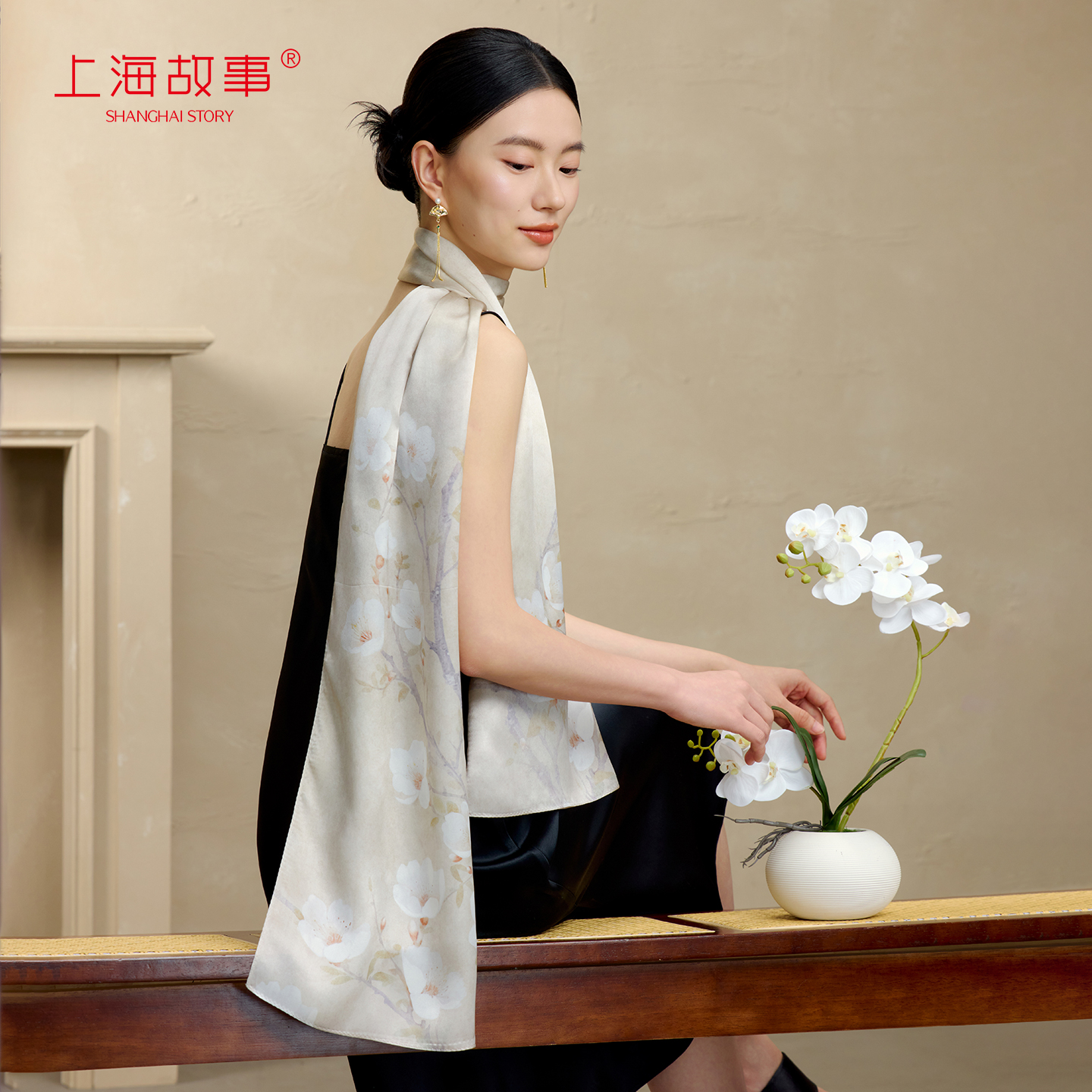 上海故事桑蚕丝印花长巾披肩女