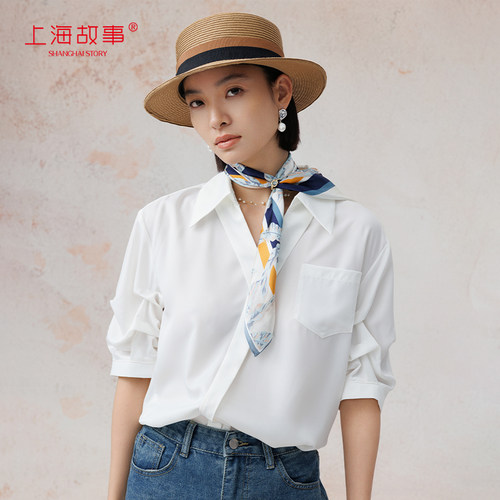 上海故事印花真丝小方巾女