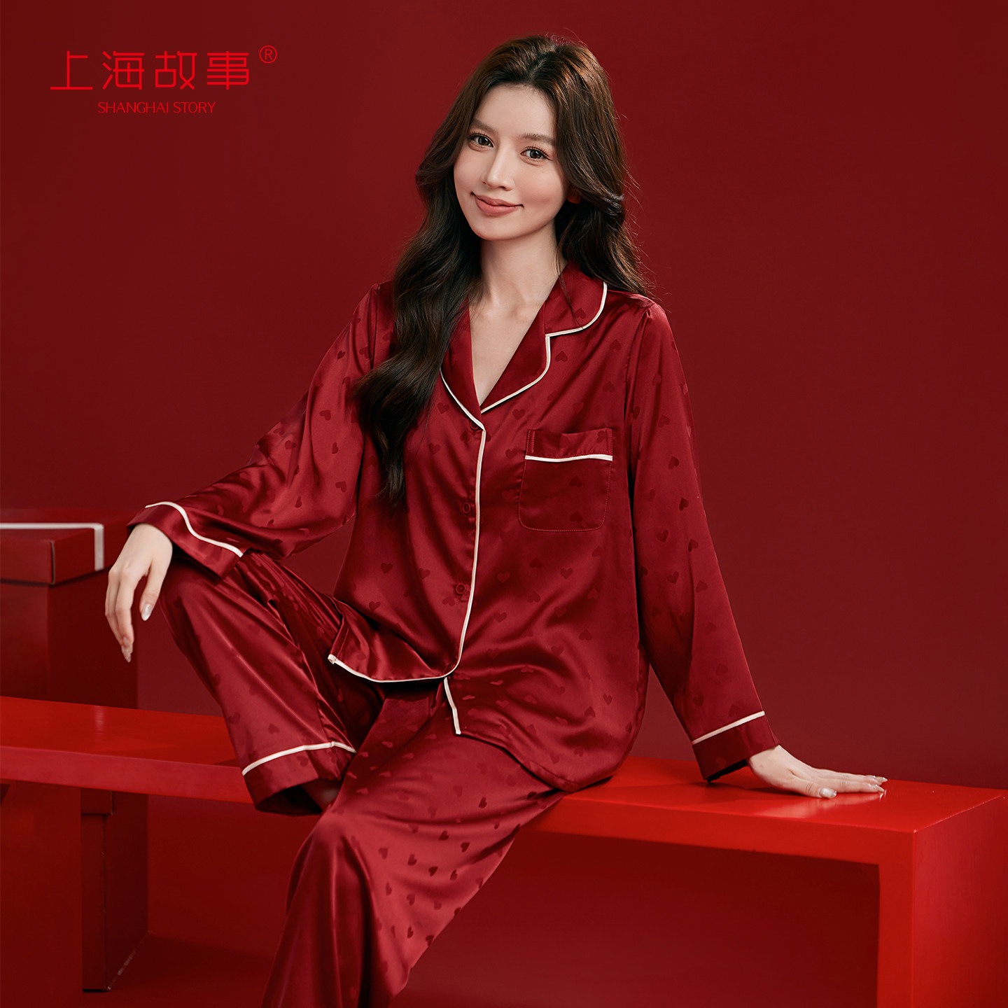 上海故事喜庆大红爱心提花冰丝睡衣结婚新婚情侣套装送新人礼盒装