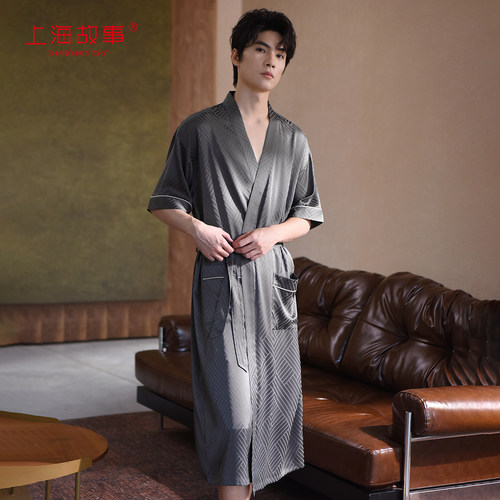 上海故事高级感提花男士短袖睡袍