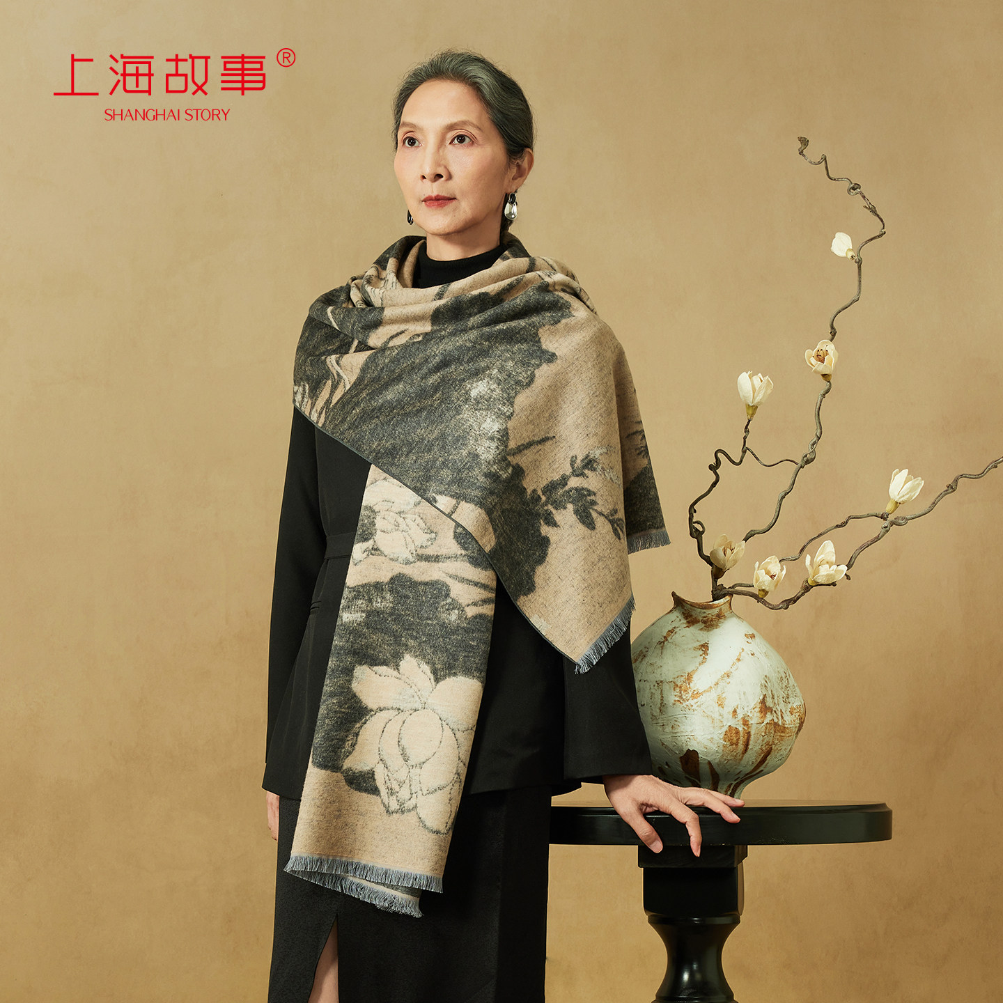 上海故事秋冬真丝拉绒围巾披肩