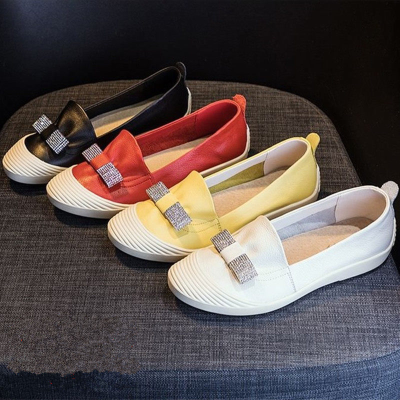 真皮小白鞋女2025春夏新款平底红色牛皮孕妇水钻蝴蝶结浅口单鞋潮