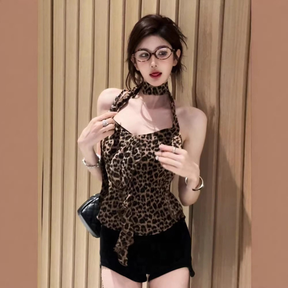 港风复古chic豹纹挂脖吊带背心女夏季高街美式辣妹露背短款小上衣