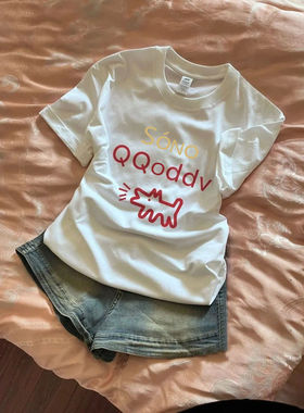 中大童装夏季套装女小众设计白色短袖t恤上衣+高腰牛仔短裤两件套