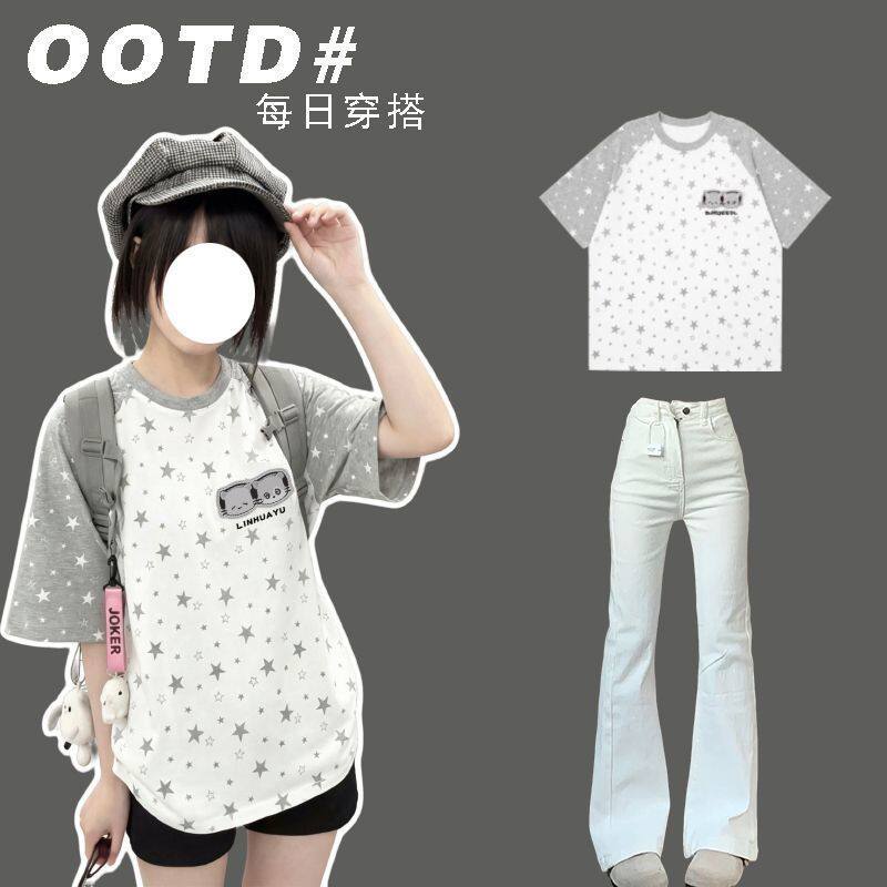 夏季童装满天星插肩短袖t恤女+白色微喇牛仔裤子套装中大童韩版女图片