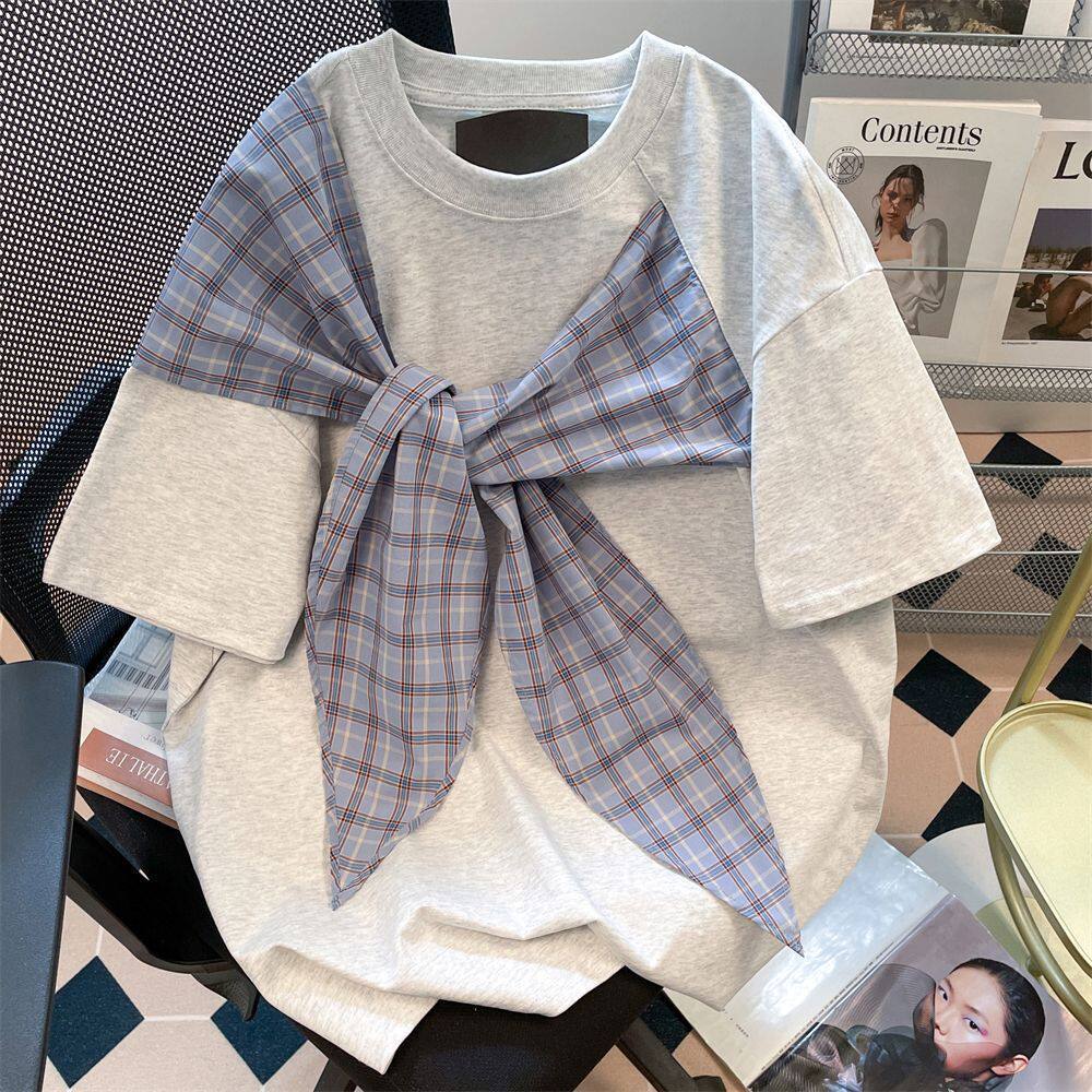 灰色蝴蝶结格子绑带短袖t恤男女2025夏季学院风中大童半袖上衣服
