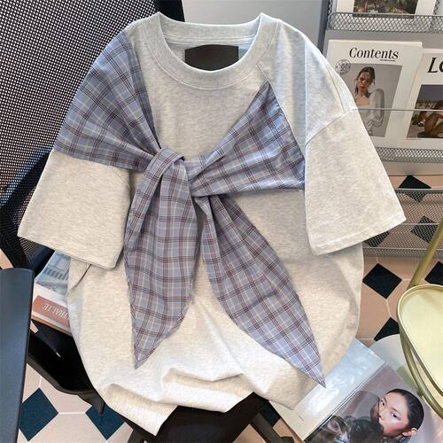 灰色蝴蝶结格子绑带短袖t恤男女2025夏季学院风中大童半袖上衣服