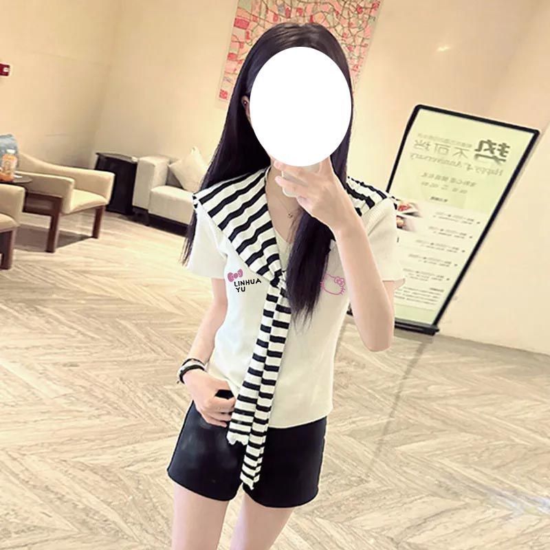 黑白条纹披肩V领短袖上衣凯蒂猫印花百搭童装ins高级感穿搭t恤女图片
