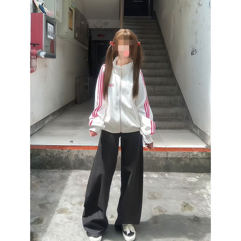 美式复古星星立领拉链外套女秋冬中大童宽松休闲运动夹克白色外套