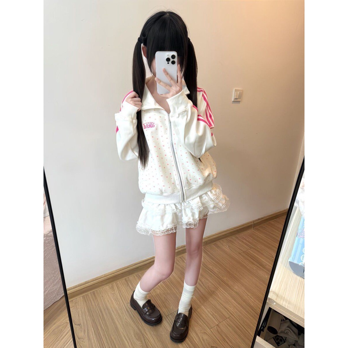 复古星星立领拉链外套女儿童秋冬学院风宽松休闲运动童装白色外套