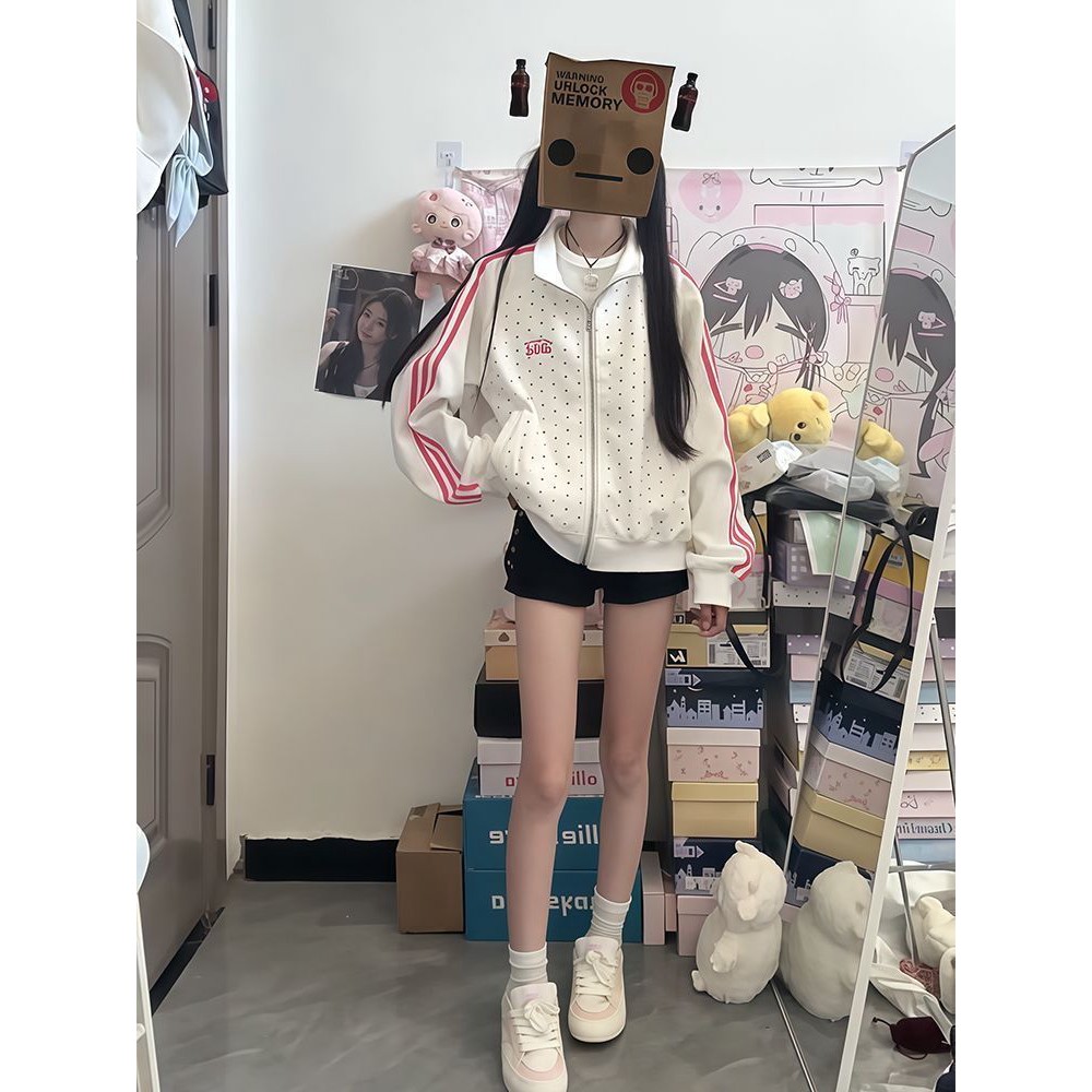 学生复古星星立领拉链外套女童装学院风宽松休闲运动夹克白色外套