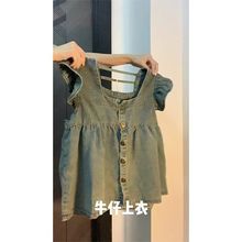 中大童蓝色牛仔小飞袖娃娃衫女夏季薄款方领飞飞袖衬衫短款上衣女