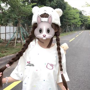 夏季宽松百搭中大童小个子上衣国潮衣服短袖t恤女波点儿童凯蒂猫