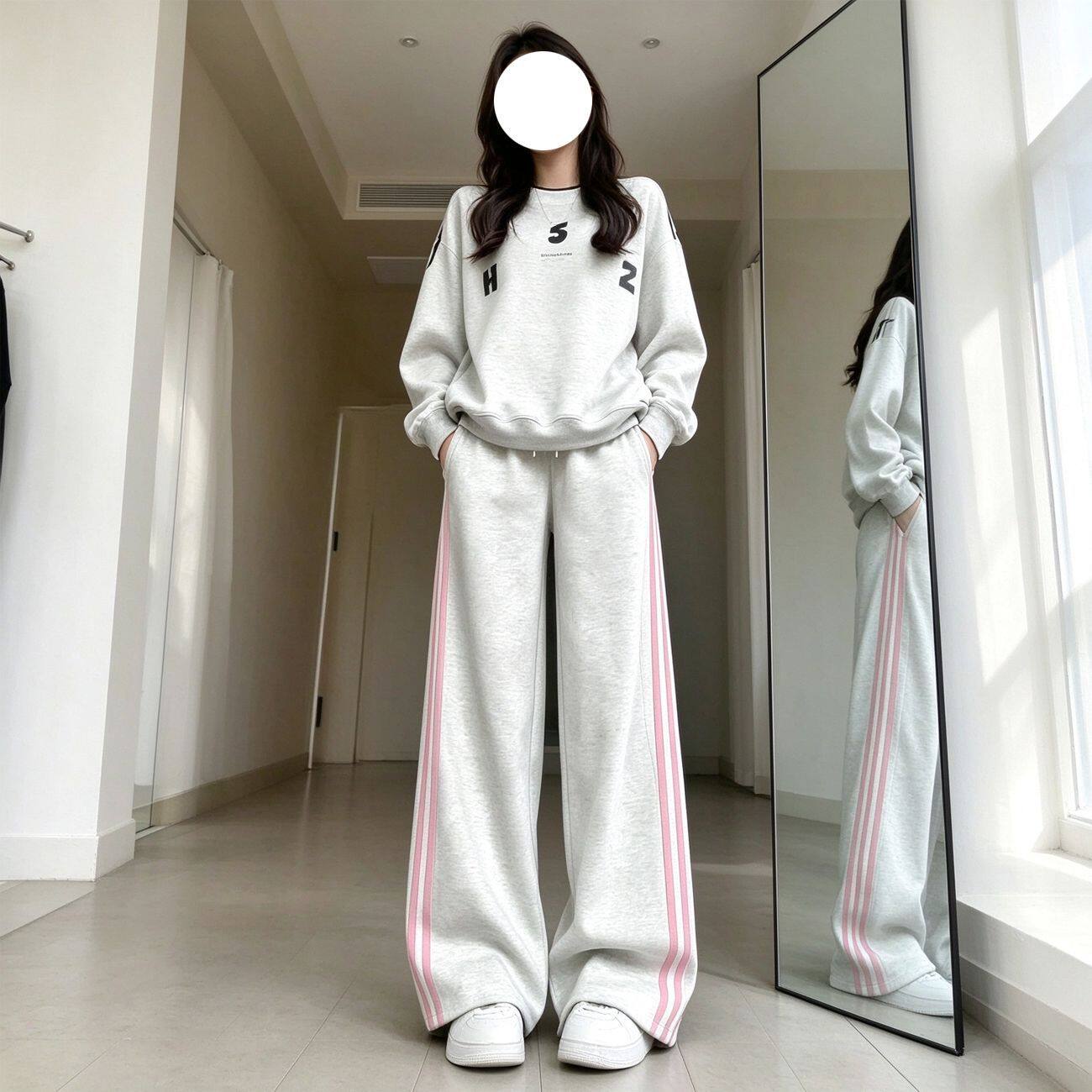 白灰色美式条纹运动休闲裤男女同款百搭中大童宽松显瘦学生直筒裤