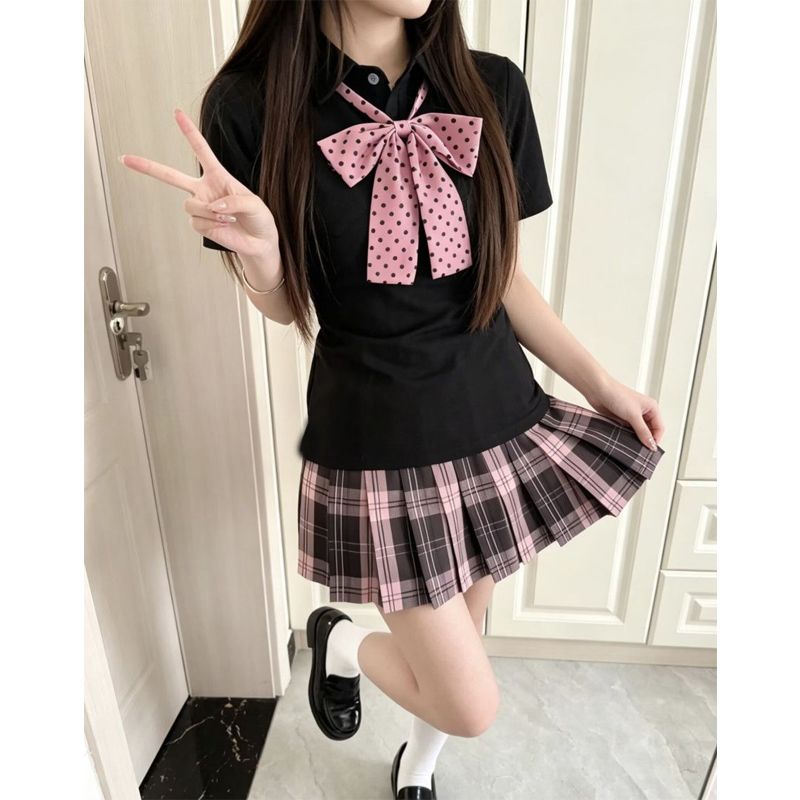 JK制服穿搭夏季女中大童黑色收腰POLO衫叠穿正版百褶裙套装小个子图片